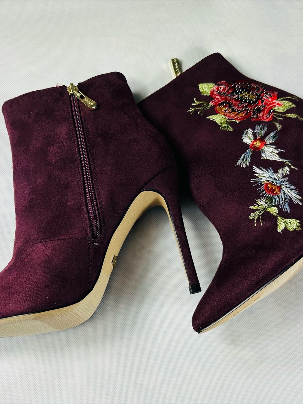 bebe Burgundy Floral Embroidered Pointed-Toe Ankle Booties - Picture 9 of 15